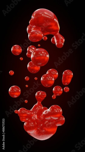 Vertical loop 3D animation of liquid lava droplets in zero gravity. The droplets move merging and separating. Abstract vertical background.