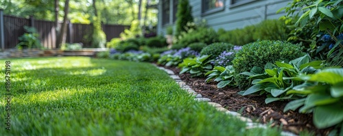 Landscaping Design, Lush Green Grass Bordering Stone Pathway in Backyard