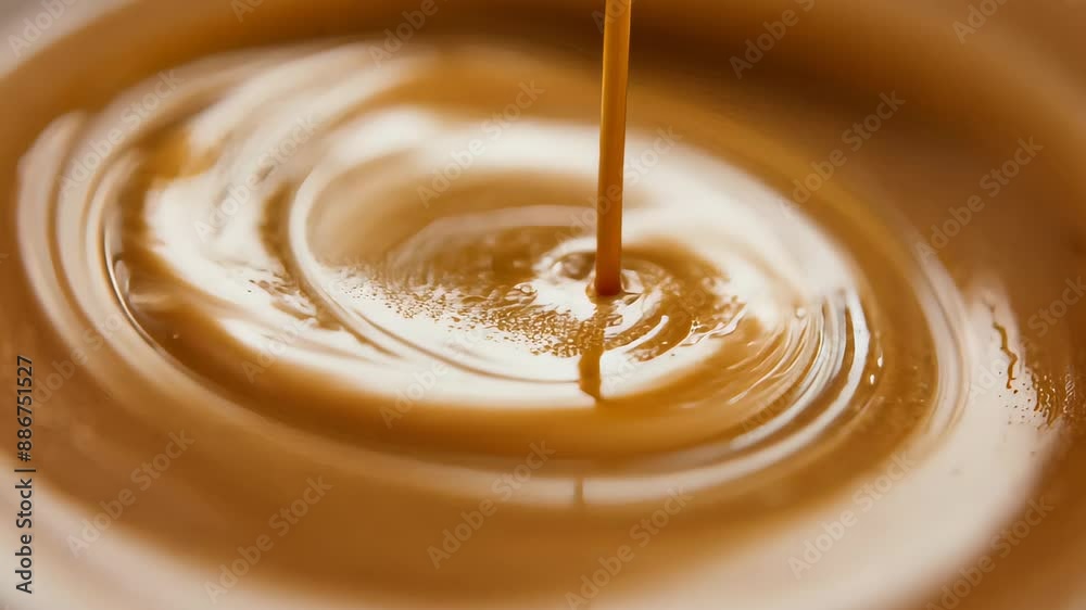 A detailed macro shot of coffee being poured, capturing the smooth, rich texture and deep, inviting color of the freshly brewed liquid