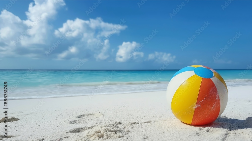 Obraz premium A beach ball is sitting on the sand near the water. The sky is blue and there are clouds in the background