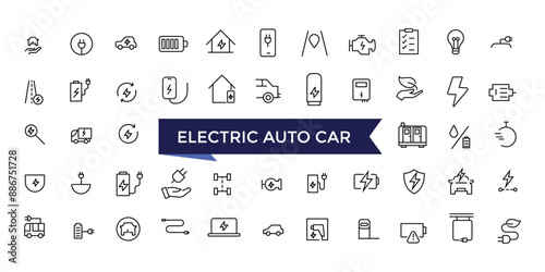 Electric Auto Car Vector Icon set with editable stroke collection for web and ui. Line icons pack. Vector illustration.