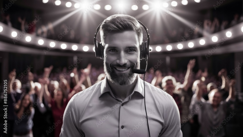 A man with a headset in front of an audience, AI