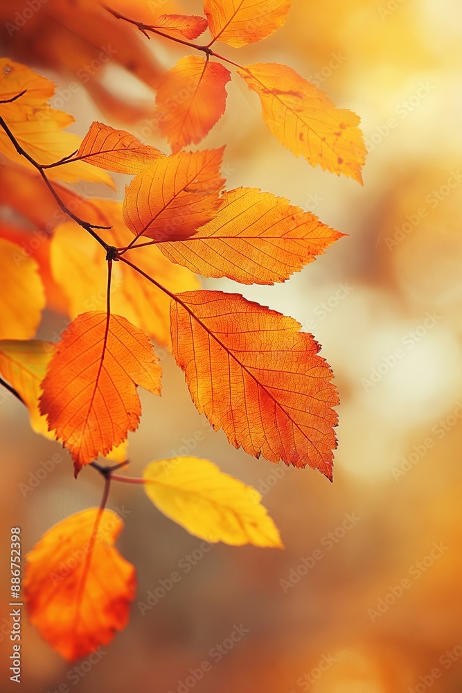 A close up of a leafy tree branch with leaves that are orange in color. The leaves are slightly wet, and the overall mood of the image is serene and peaceful A close up of a leafy tree branch with leaves that are orange in color. The leaves are slightly wet, and the overall mood of the image is serene and peaceful
