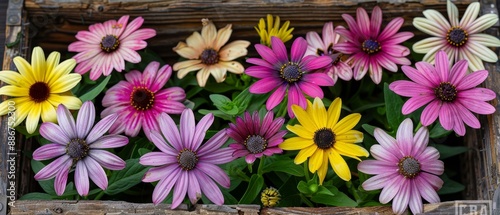 Vibrant Pink and Purple Daisies in a Planter