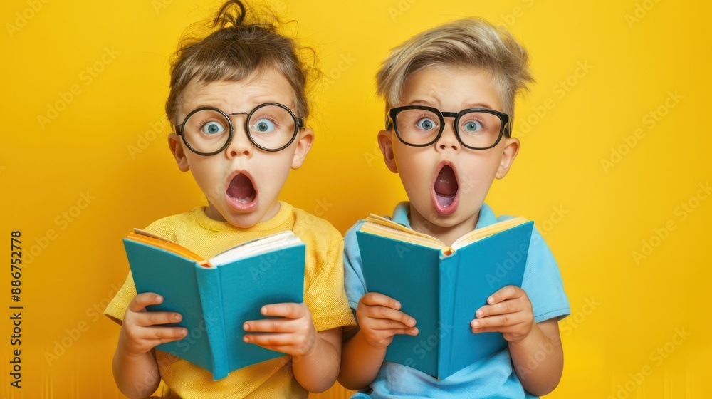 Cute preschool children and girls Boy and girl holding books and wearing glasses Cute preschool children and girls Boy and girl holding books and wearing glasses