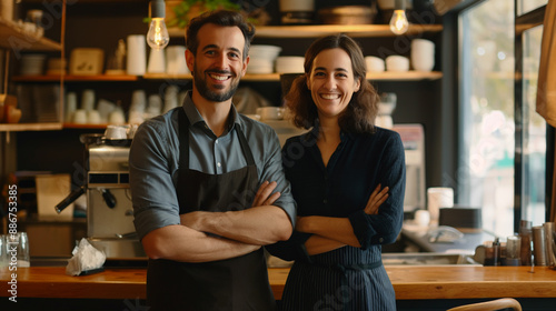 Cafeteria, sorriso e retrato de parceiro com braços cruzados em restaurante iniciante. Garçom confiante, homem e mulher felizes juntos em café para trabalho em equipe, cooperação ou orgulho  photo