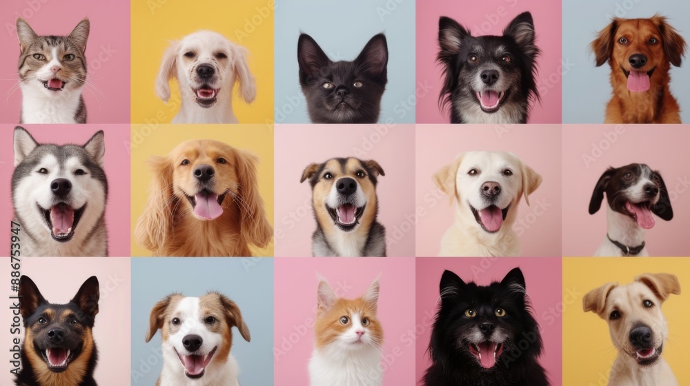 Collage of happy cat and dog heads on pastel colors