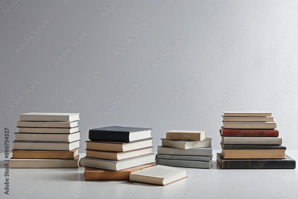 a few books in a diagonal line across a smooth, white table.