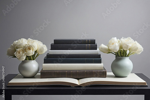 a pair of books on a sleek black table