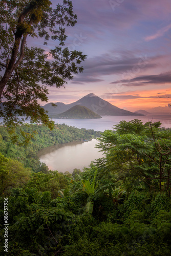 Aerial view of Ternate island at sunset, North Maluku, Maluku Islands, Indonesia