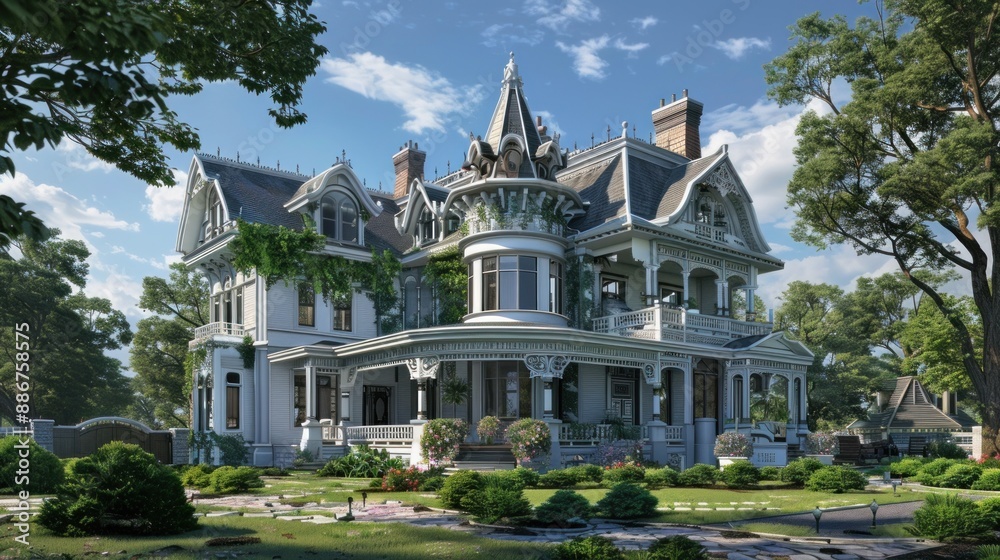 Generate a prompt for a photo realistic image of a Victorian era mansion with ornate trim, turret, and wrap-around veranda. . Generate a prompt for a photo realistic image of a Victorian era mansion with ornate trim, turret, and wrap-around veranda. .