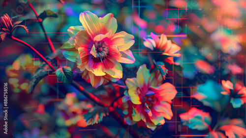 Flowers with Vibrant Glitch Patterns and Pixelated Distortions