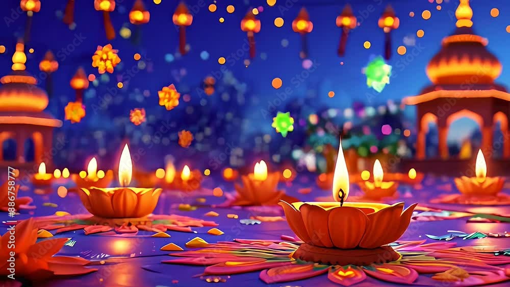 Diwali celebration with illuminated diyas, colorful rangoli patterns, and fireworks lighting up the night sky