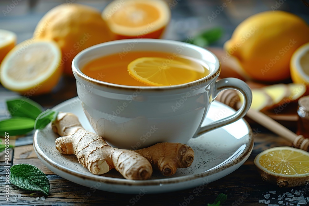 Closeup of cup of tea with tea leaves, mint on vintage wooden background. Black herbal tea with lemon Closeup of cup of tea with tea leaves, mint on vintage wooden background. Black herbal tea with lemon