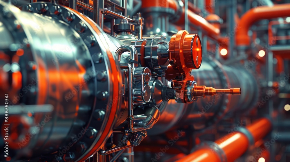 Fototapeta premium High-Tech Industrial Plant with Complex Network of Pipes and Machinery in Modern Manufacturing Facility