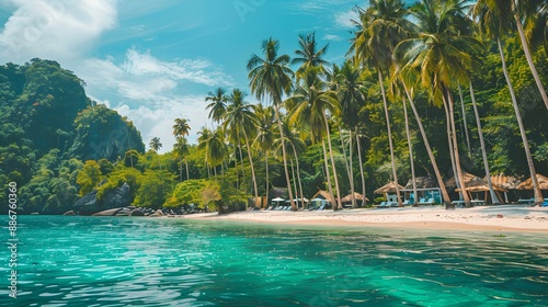 Seascape with tropical islands and tall coconut trees img photo