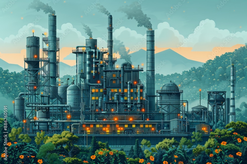 Obraz premium Factory complex emitting smoke in green valley at sunset, surrounded by mountains, carbon emissions from industrial activities, environmental, potential for adopting sustainable eco-friendly.