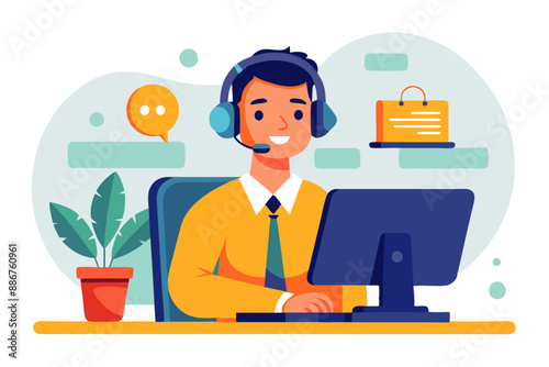 A flat vector illustration of male customer care helps the customer through the headphones and a laptop