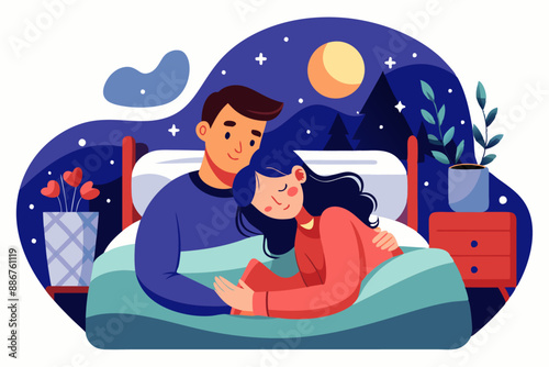 couple laying in the bad with sadness, flat vector illustration design concept