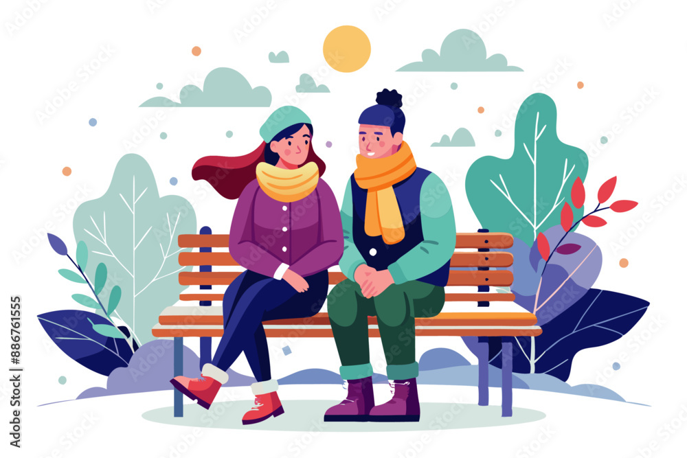 couple sitting on the bench in the winter session, flat vector illustration couple sitting on the bench in the winter session, flat vector illustration