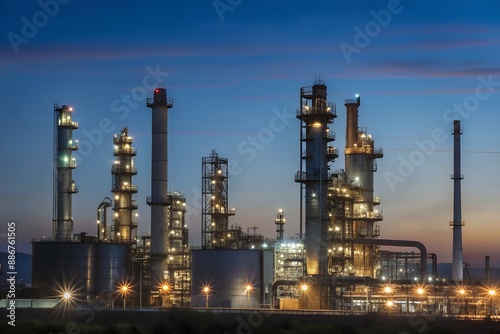 Oil refinery at twilight with illuminated petrochemical plant and structures in the petrochemical industry, oil refinery, industry, petrochemical plant, night, industrial