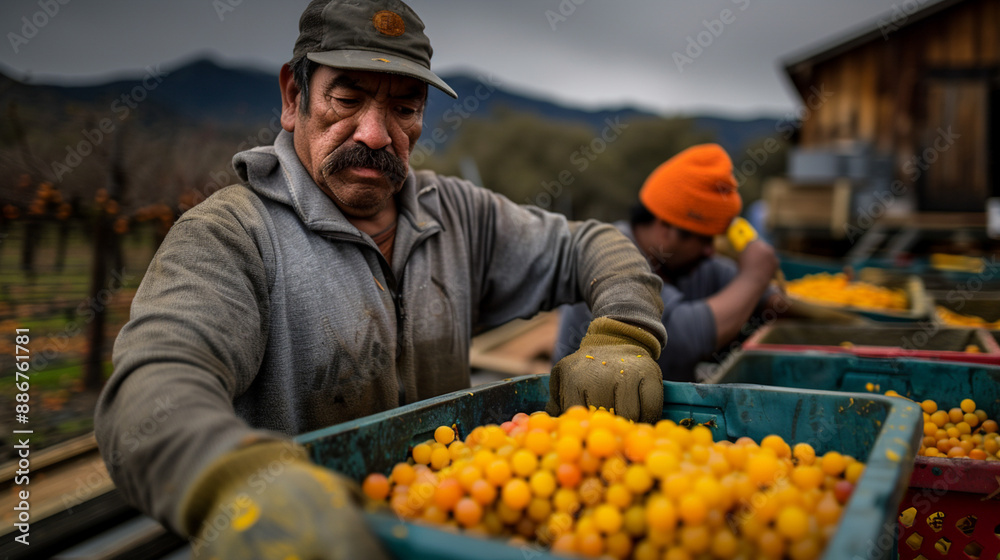 A man is picking oranges from a crate A man is picking oranges from a crate