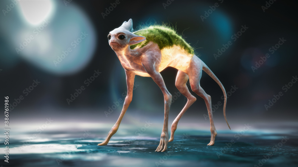 A strange looking creature with a green fur and long legs glowing from inside, AI A strange looking creature with a green fur and long legs glowing from inside, AI