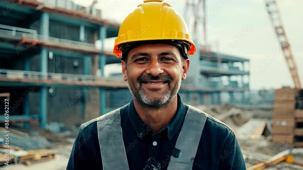 Professional engineer worker in safety uniform and yellow hardhat laughs looking at the camera, in background unfocused construction site. Professional engineer worker in safety uniform and yellow hardhat laughs looking at the camera, in background unfocused construction site.