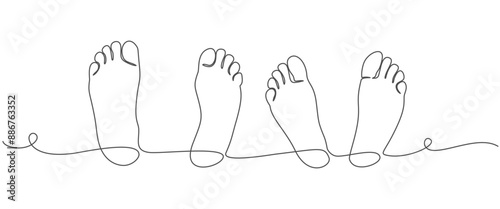 Barefooted feet are couple. Lie on the bed. One line drawing isolated vector object by hand on a white background.