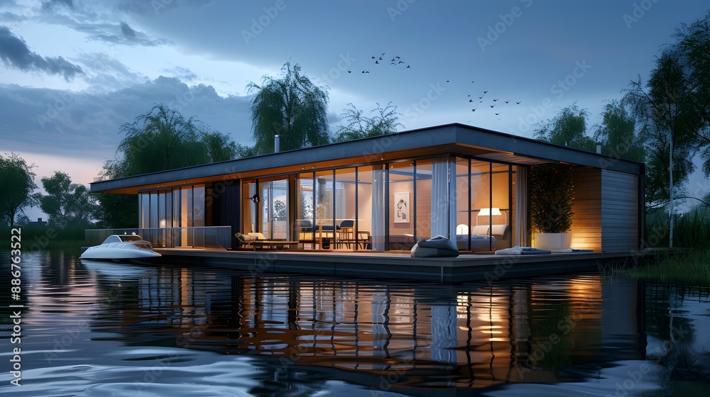 A houseboat with modern design and eco-friendly materials picture A houseboat with modern design and eco-friendly materials picture