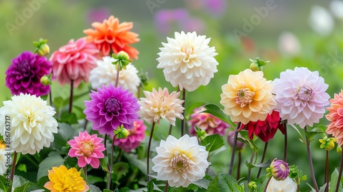A garden filled with blooming dahlias of various colors, photographed with a Sony A9 II, 24-70mm lens, f/3