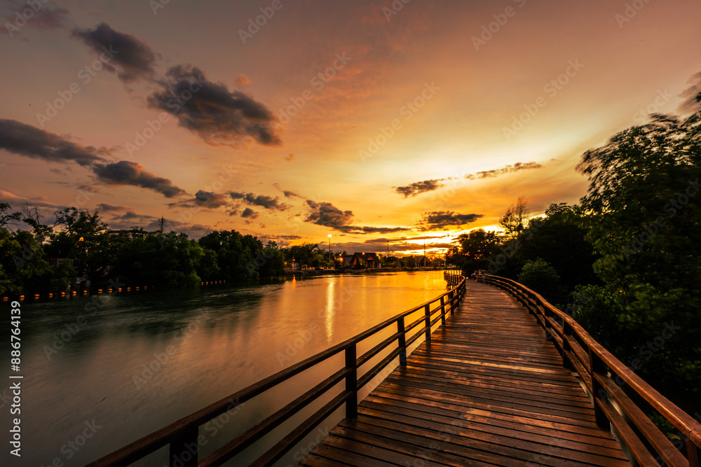 Fototapeta premium Close-up view of the natural background of the wooden bridge, which is surrounded by mangrove forests, colorful leaves of the leaves, blown through the blurred coolness during ecological travel.