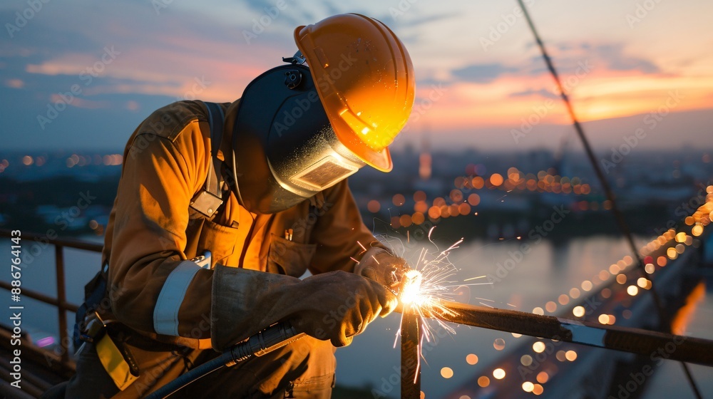 Skilled Welder Ensuring Structural Integrity on Bridge Construction Project with River and Cityscape Background Skilled Welder Ensuring Structural Integrity on Bridge Construction Project with River and Cityscape Background