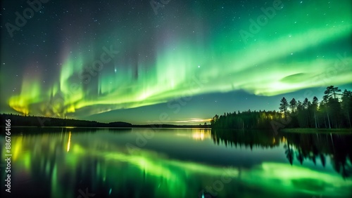 Aurora borealis dancing over calm lake at night, serene, nature, reflection, Northern lights, beautiful © sompong