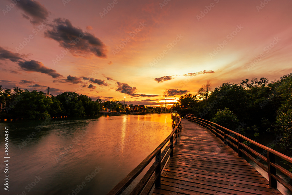 Fototapeta premium Close-up view of the natural background of the wooden bridge, which is surrounded by mangrove forests, colorful leaves of the leaves, blown through the blurred coolness during ecological travel.