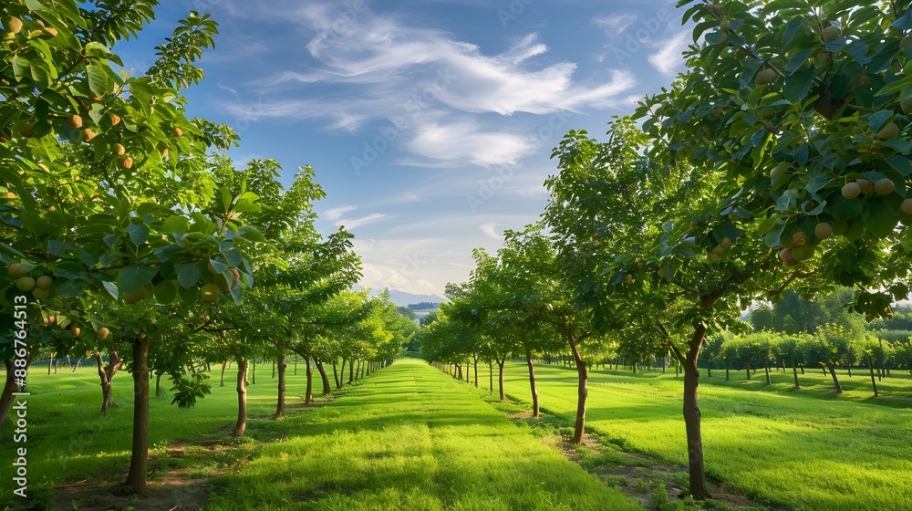 Walnut plantation in a river valley with trees img Walnut plantation in a river valley with trees img