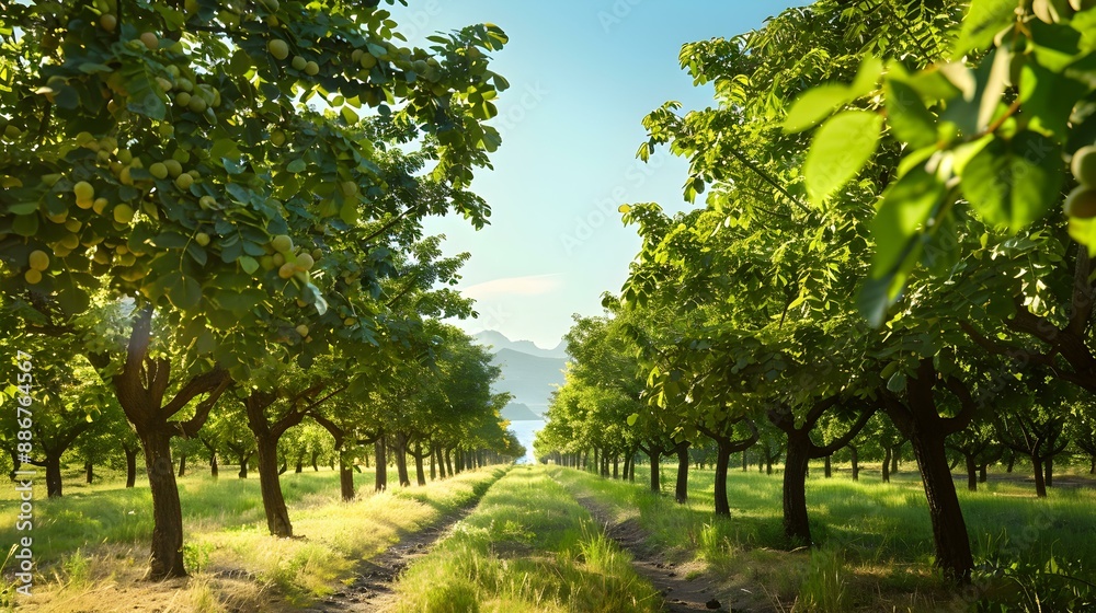 Walnut plantation on the coast with green trees image Walnut plantation on the coast with green trees image