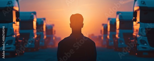 Silhouette of a manager overseeing a fleet of trucks, Silhouette logistics transportation manager coordination, Fleet management photo