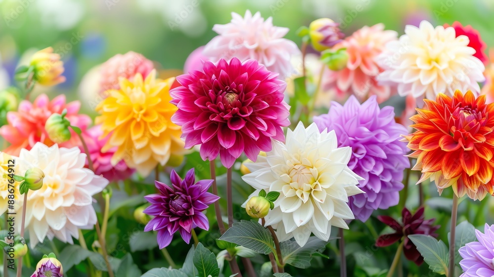 Fototapeta premium A garden filled with blooming dahlias of various colors, photographed with a Sony A9 II, 24-70mm lens, f/3