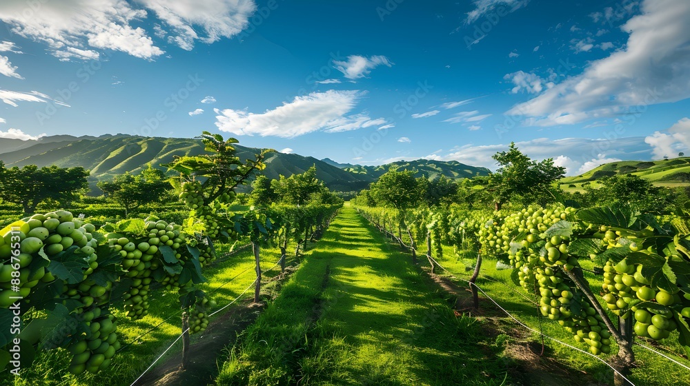 Naklejka premium Kiwi plantation on a warm day with vines img