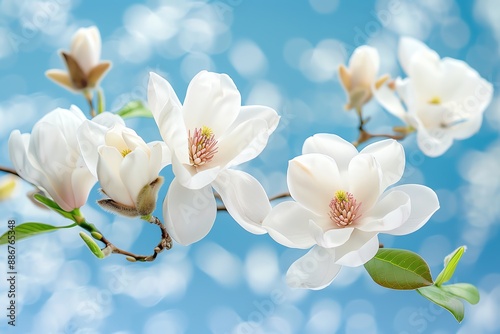 A stunning white magnolia blossom against a blue sky, captured with a Canon EOS R6, 50mm lens, f/1 photo