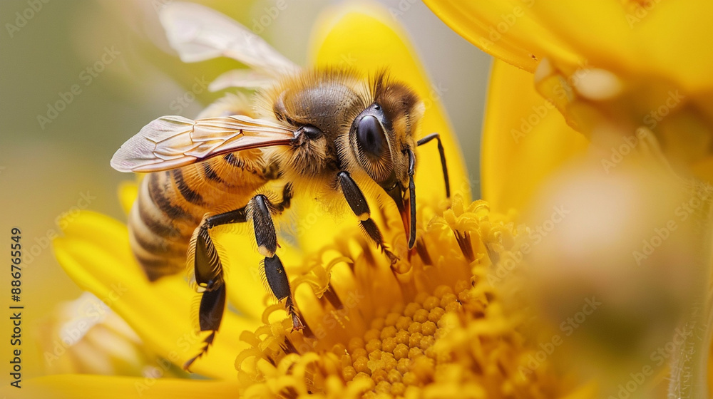 A striped bee collecting honey from a yellow flower on a bright sunny day A striped bee collecting honey from a yellow flower on a bright sunny day