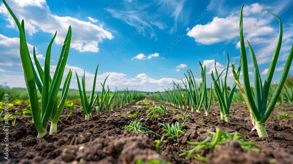 Onion plantation on a sunny day with rows