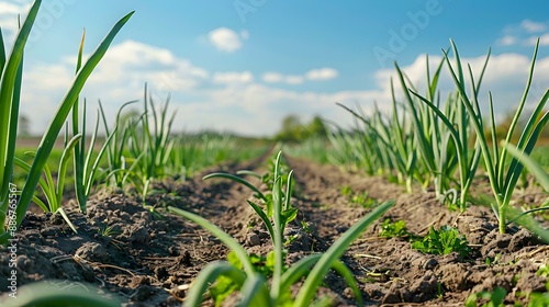 Onion plantation on a sunny day with rows img photo