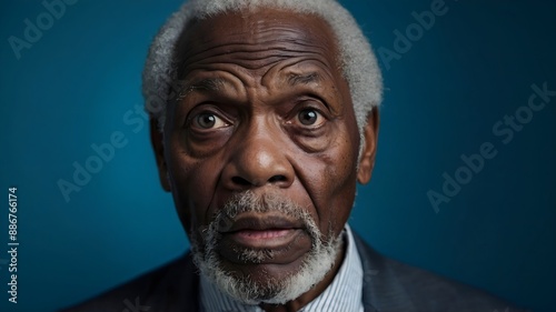 Portrait of an elderly black man who is in shock, blue background