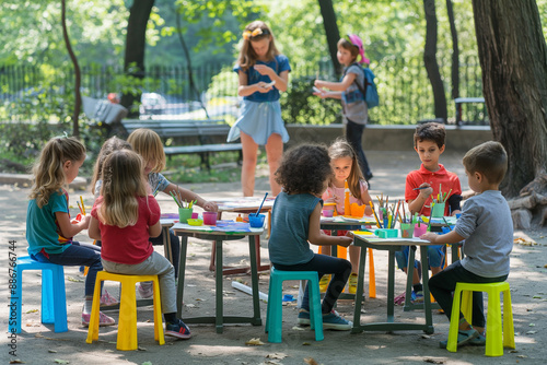 A group of children are sitting at tables and drawing