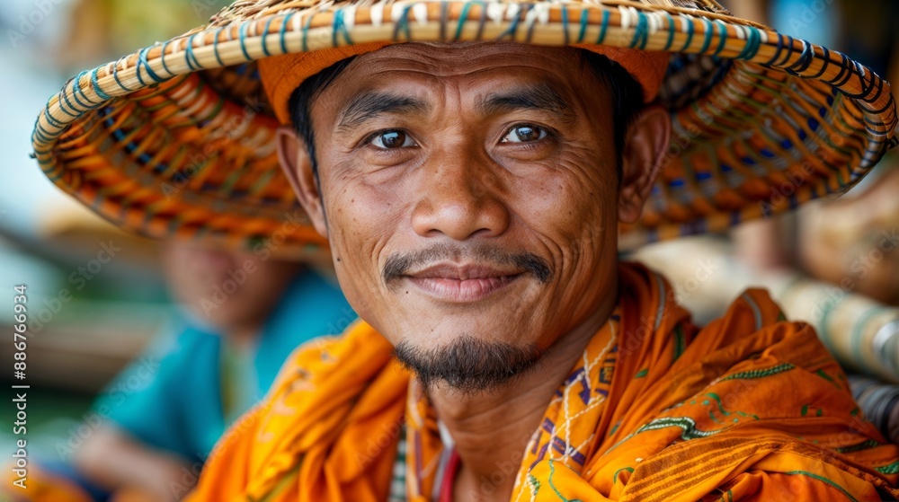 © Dalidudko - a Southeast Asian man wearing a traditional conical hat, smiling. Portrait.