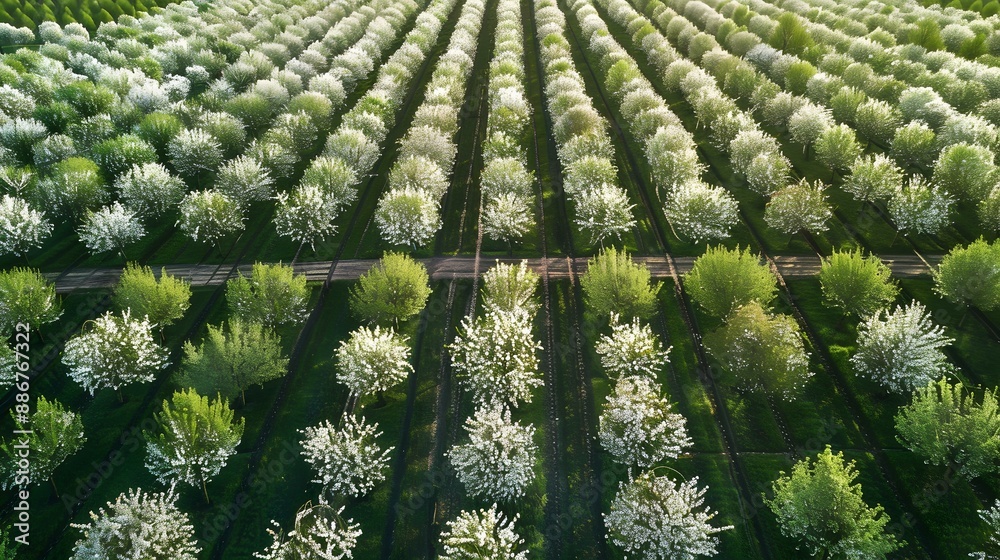 Fototapeta premium Cherry plantation in spring when the trees img