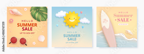 Set of discount square flyer, card or web banner with cartoon 3d sun, sea wave, surfboard. Hello summer sale realistic background with tropical beach elements. Vector illustration