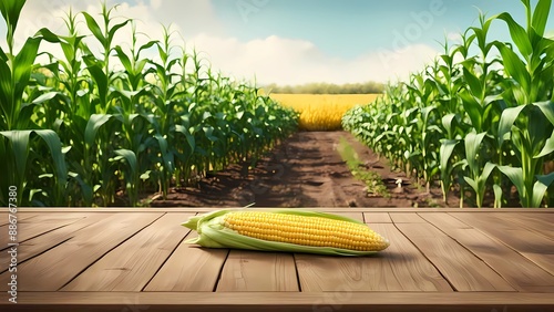 fresh corn on wooden empty table with corn garden. advertising concept